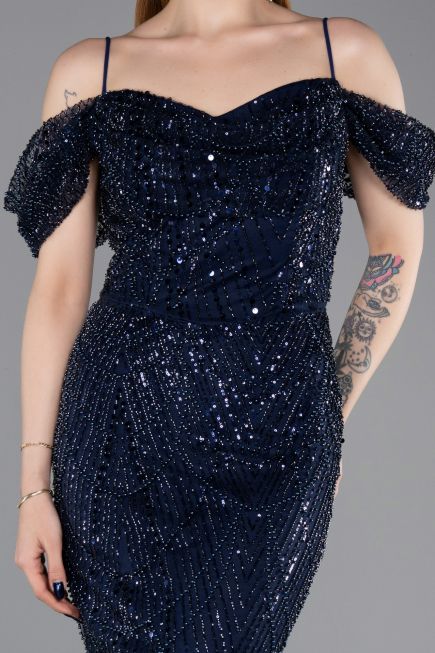 Robe de Soirée Longue Perlé Bleu Marine ABU6190