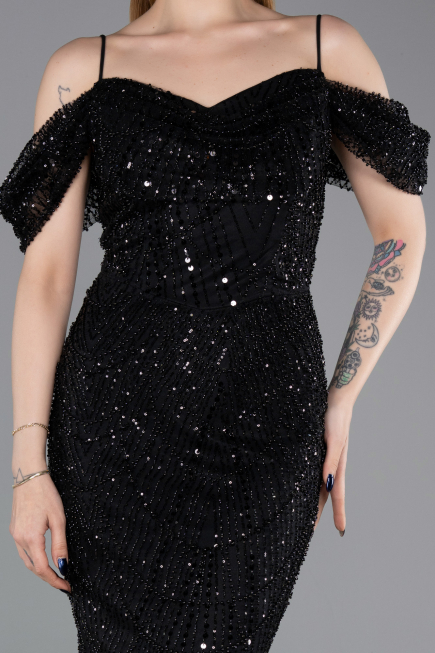 Robe de Soirée Longue Perlé Noir ABU6190