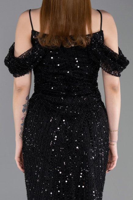 Robe de Soirée Longue Perlé Noir ABU6190