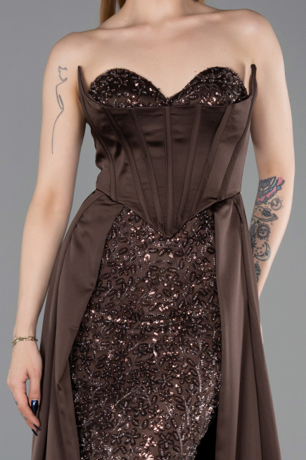 Robe de Soirée Longue Satin Brun ABU6193