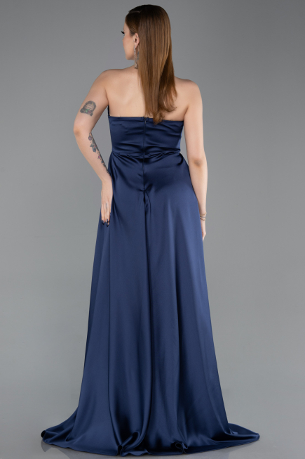 Robe de Soirée Longue Satin Bleu Marine ABU6193