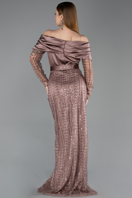 Robe de Soirée Longue Perlé Cuivre ABU6186