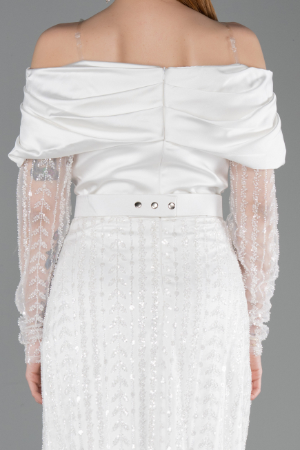 Robe de Soirée Longue Perlé Blanc ABU6186
