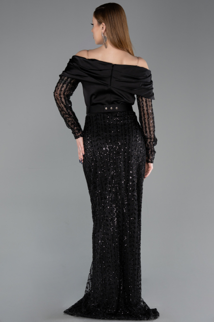 Robe de Soirée Longue Perlé Noir ABU6186
