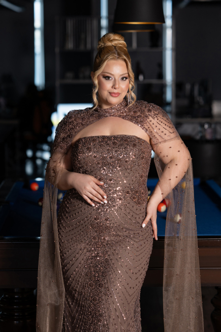Robe de Soirée Grande Taille Longue Perlé Cuivre ABU6162