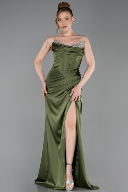 Robe de Soirée Longue Satin Kaki ABU6200