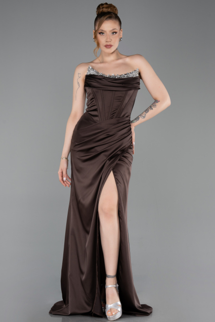 Robe de Soirée Longue Satin Brun ABU6200