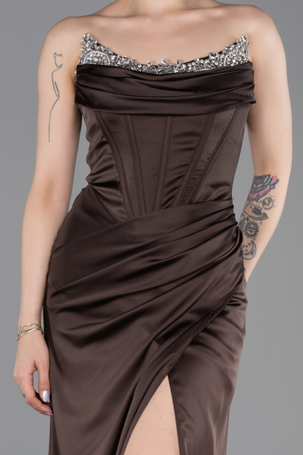 Robe de Soirée Longue Satin Brun ABU6200