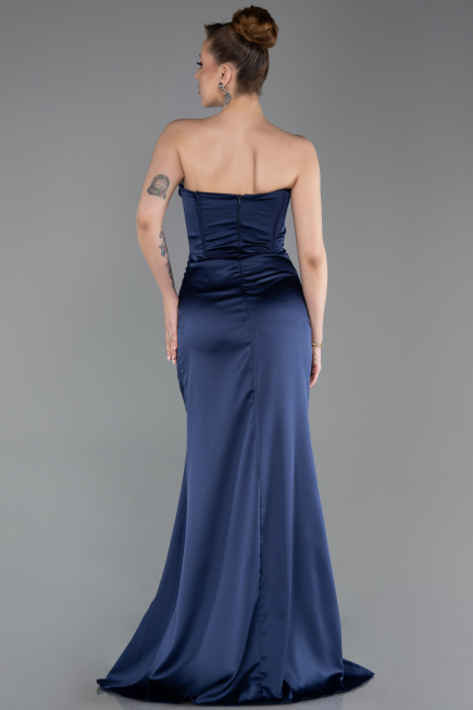 Robe de Soirée Longue Satin Bleu Marine ABU6200