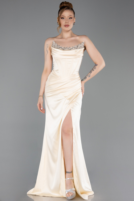 Robe de Soirée Longue Satin Jaune ABU6200