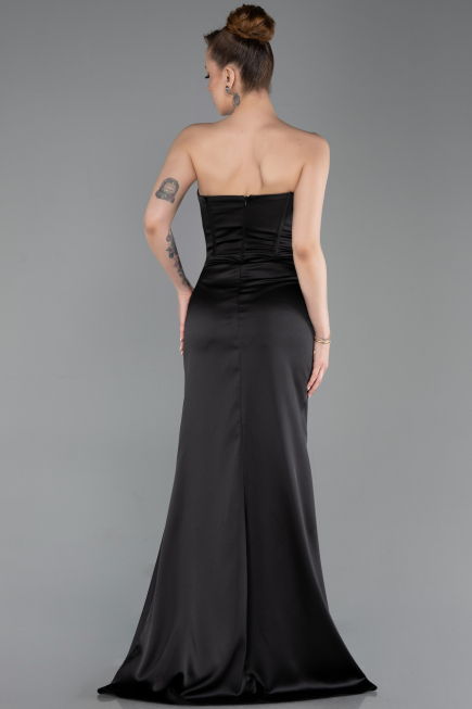 Robe de Soirée Longue Satin Noir ABU6200