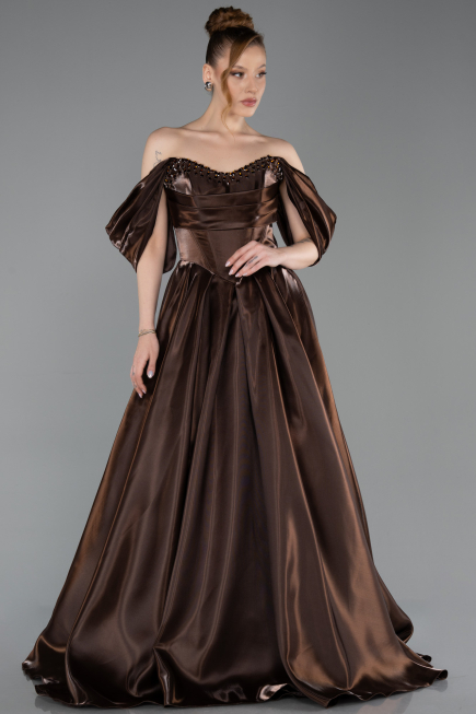 Robe de Soirée Longue Satin Brun ABU6201