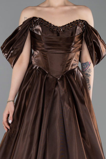 Robe de Soirée Longue Satin Brun ABU6201