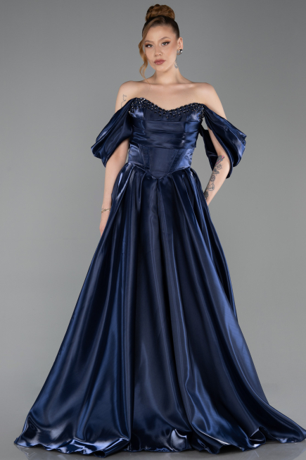 Robe de Soirée Longue Satin Bleu Marine ABU6201