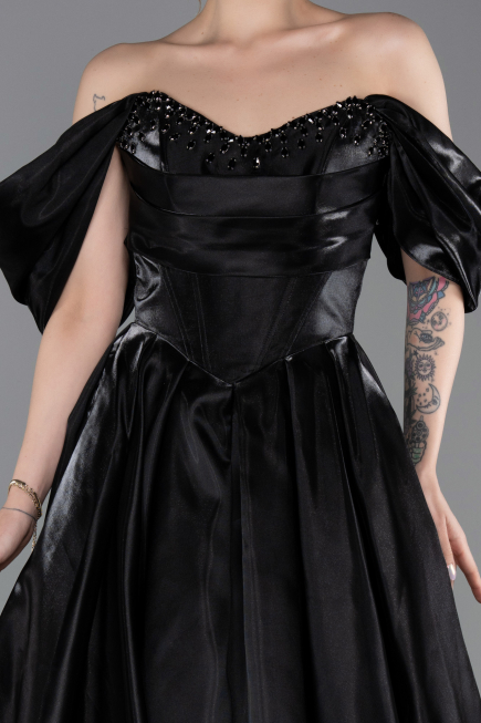 Robe de Soirée Longue Satin Noir ABU6201