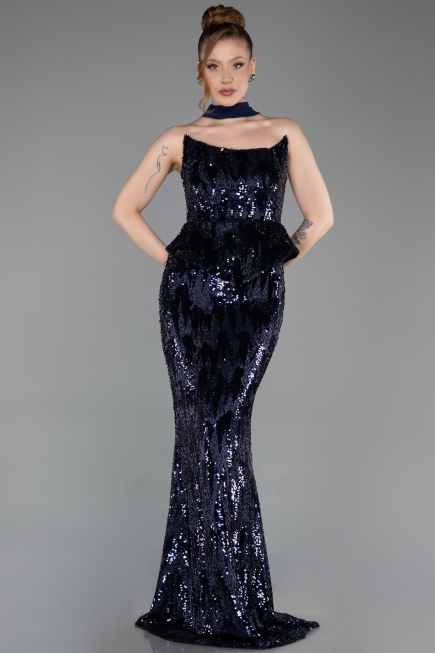 Robe de Soirée Longue Squameuse Bleu Marine ABU6202