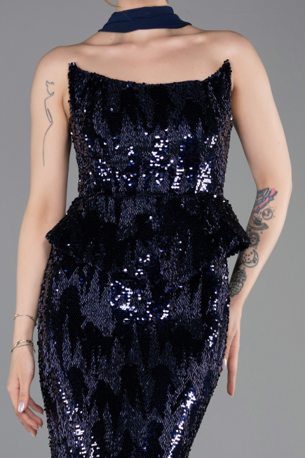 Robe de Soirée Longue Squameuse Bleu Marine ABU6202