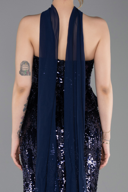 Robe de Soirée Longue Squameuse Bleu Marine ABU6202