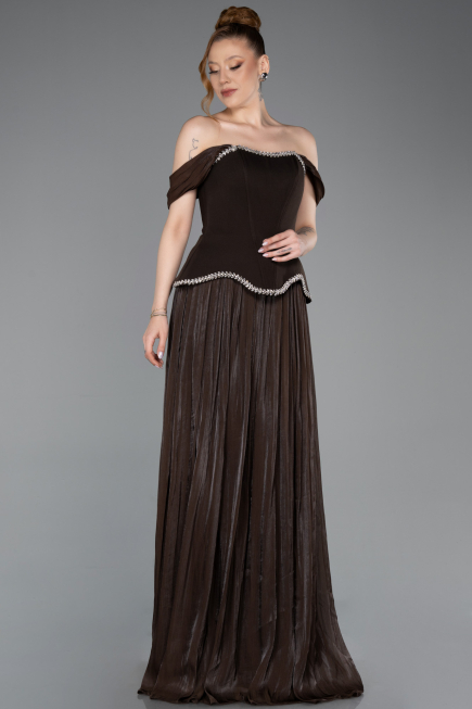 Robe de Soirée Longue Mousseline Brun ABU6203