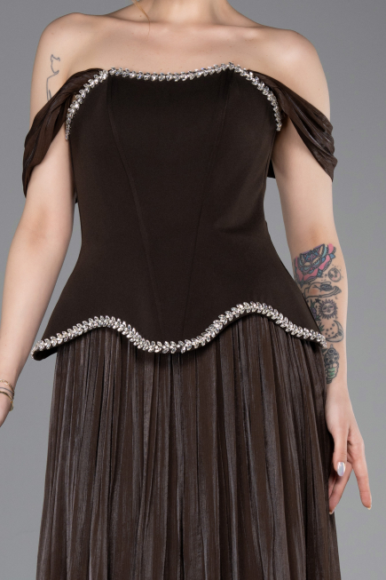 Robe de Soirée Longue Mousseline Brun ABU6203