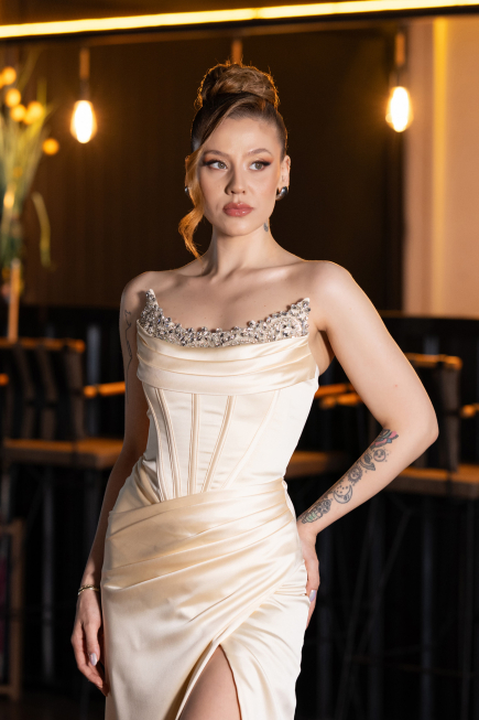 Robe de Soirée Longue Satin Jaune ABU6200