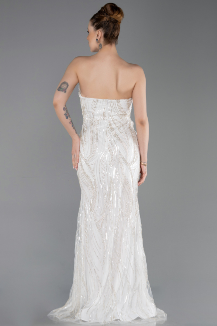 Robe de Soirée Longue Perlé Blanc ABU6205