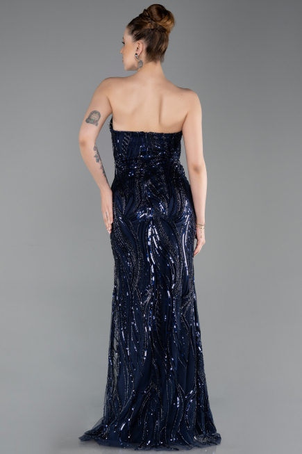 Robe de Soirée Longue Perlé Bleu Marine ABU6205