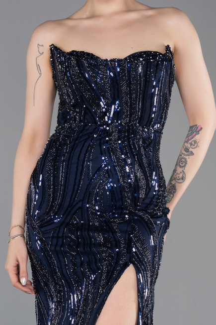 Robe de Soirée Longue Perlé Bleu Marine ABU6205