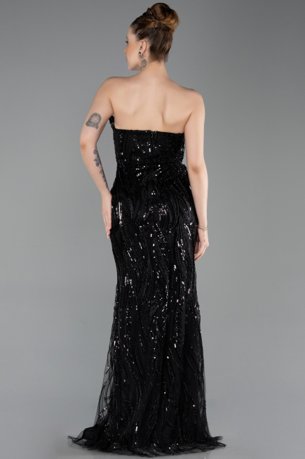 Robe de Soirée Longue Perlé Noir ABU6205