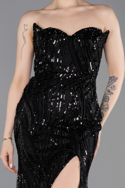 Robe de Soirée Longue Perlé Noir ABU6205