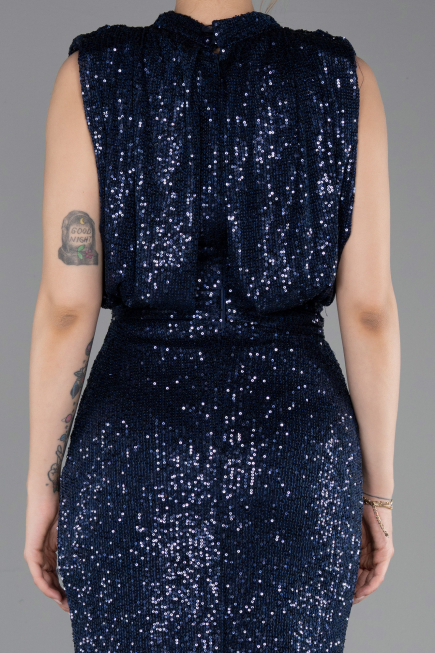 Robe de Soirée Longue Squameuse Bleu Marine ABU2752