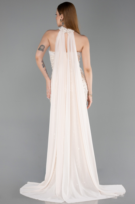 Robe de Soirée Longue Perlé Beige ABU6236
