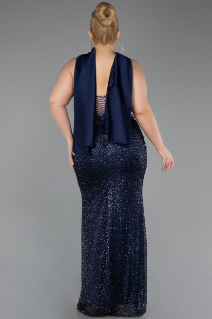 Robe De Soirée Grande Taille Longue Perlé Bleu Marine ABU6258