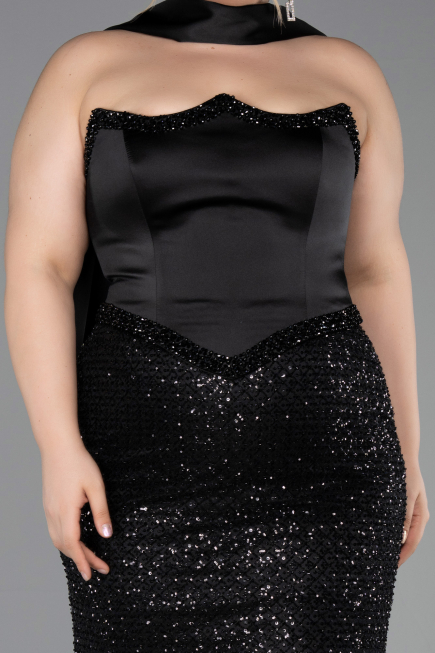 Robe De Soirée Grande Taille Longue Perlé Noir ABU6258