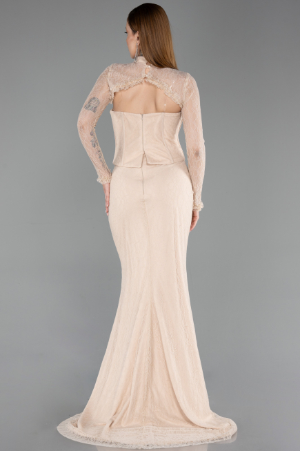 Robe de Soirée Longue Dantelle Beige ABU6207