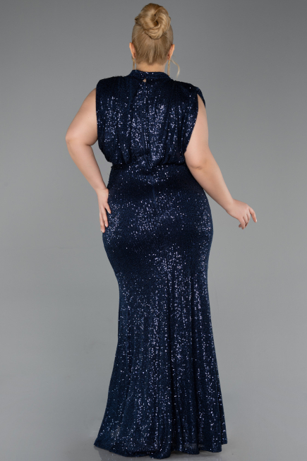 Robe de Soirée Grande Taille Longue Squameuse Bleu Marine ABU3115
