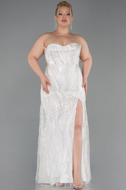 Robe de Soirée Grande Taille Longue Perlé Blanc ABU6206