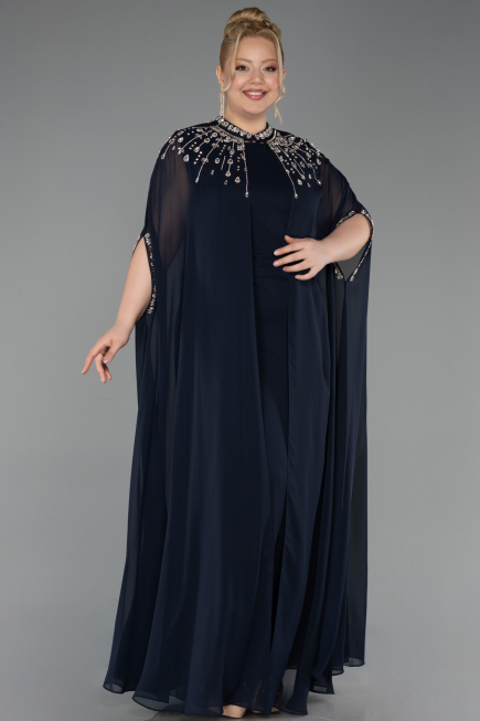 Robe De Soirée Grande Taille Longue Mousseline Bleu Marine ABU5845