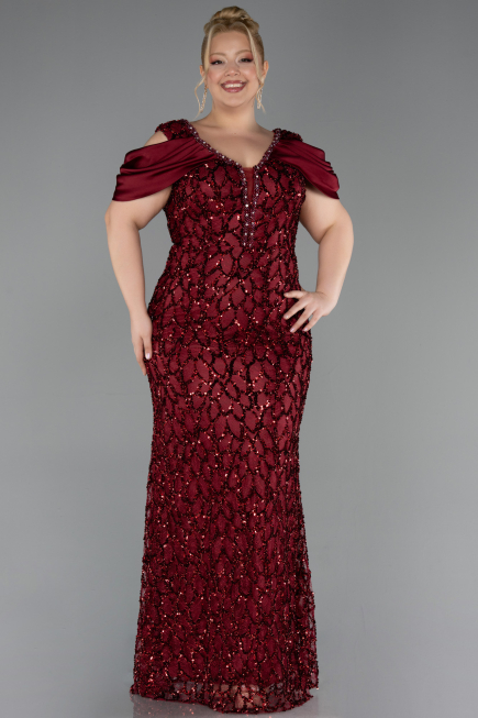 Robe de Soirée Grande Taille Longue Squameuse Rouge Bordeaux ABU6257