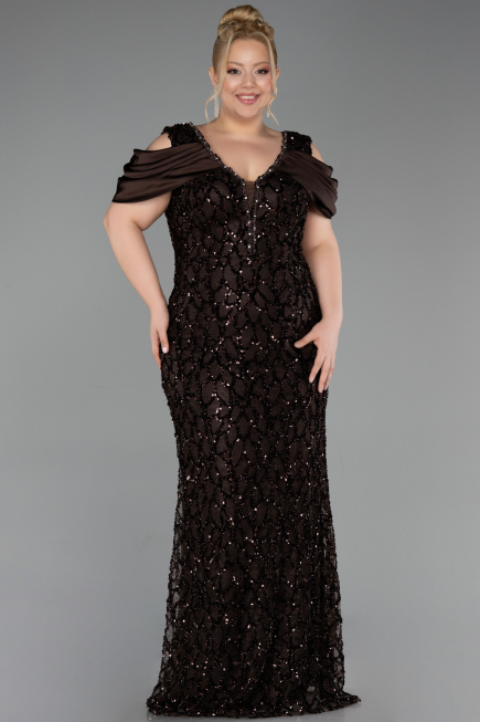 Robe de Soirée Grande Taille Longue Squameuse Brun ABU6257