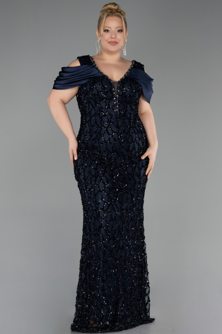Robe de Soirée Grande Taille Longue Squameuse Bleu Marine ABU6257