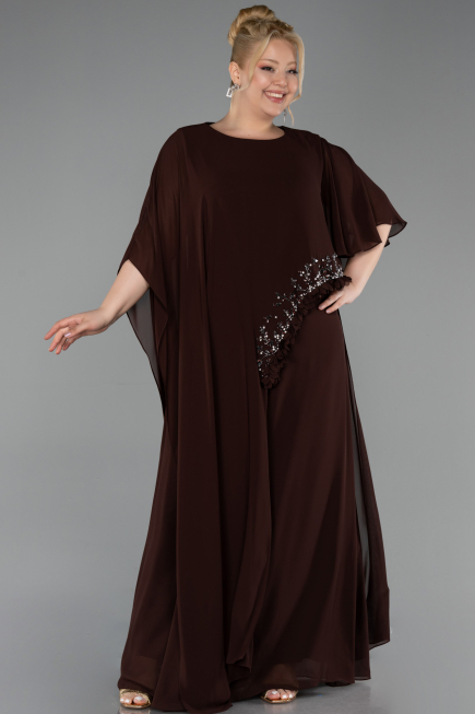 Robe De Soirée Grande Taille Longue Mousseline Brun ABU6179