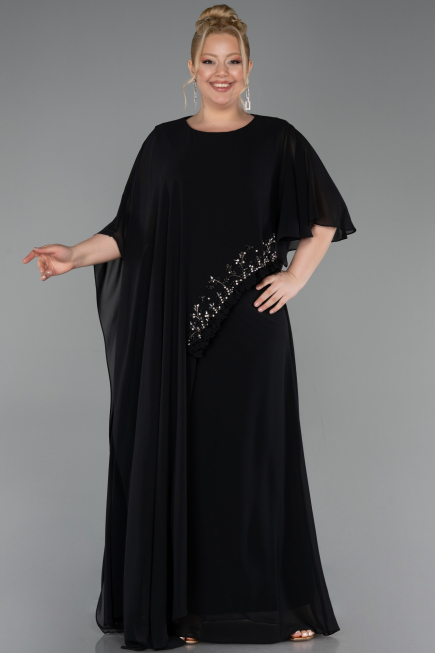 Robe De Soirée Grande Taille Longue Mousseline Noir ABU6179