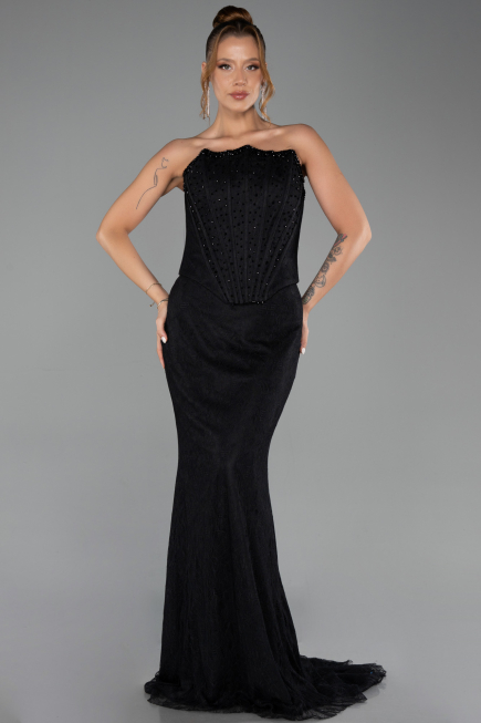Robe de Soirée Longue Dantelle Noir ABU6207