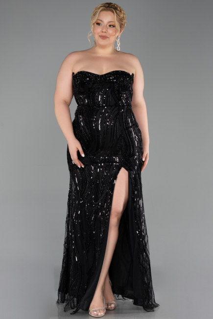 Robe de Soirée Grande Taille Longue Perlé Noir ABU6206