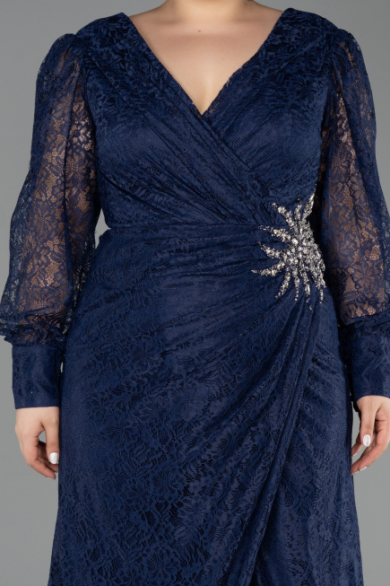 Robe de Soirée Grande Taille Longue Dantelle Bleu Marine ABU6272