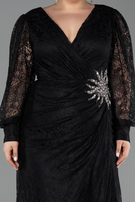 Robe de Soirée Grande Taille Longue Dantelle Noir ABU6272
