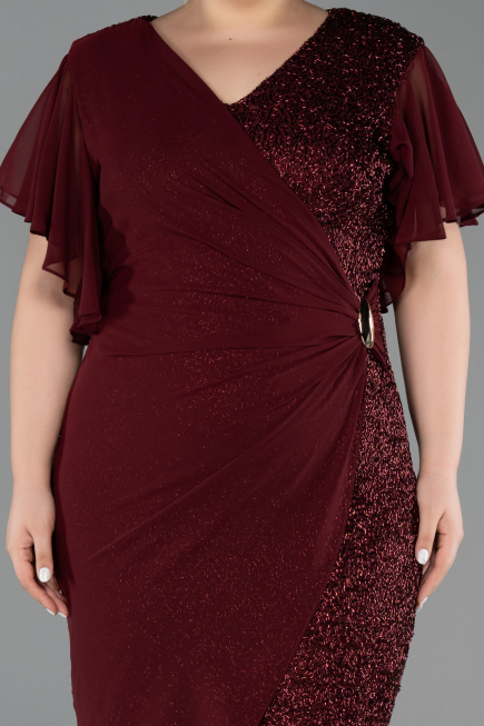 Robe De Invitation Grande Taille Midi Perlé Rouge Bordeaux ABK2642