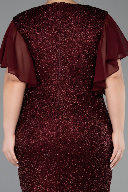 Robe De Invitation Grande Taille Midi Perlé Rouge Bordeaux ABK2642