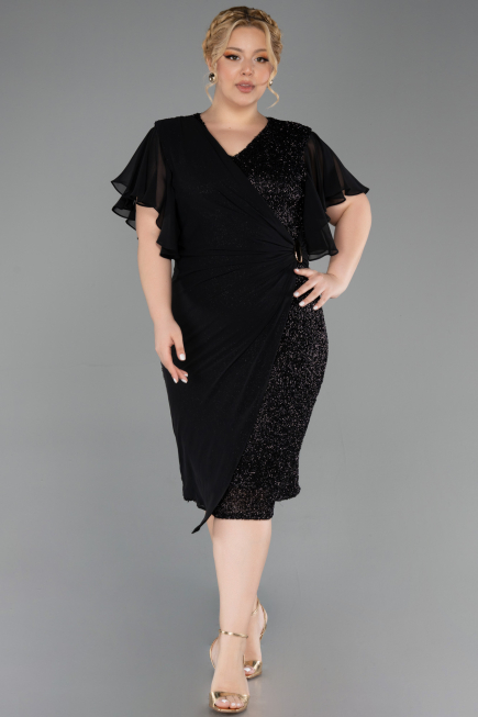 Robe De Invitation Grande Taille Midi Perlé Noir ABK2642